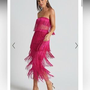 AMALEE TWO PIECE SET - FRINGE STRAPLESS CROP TOP AND MIDI SKIRT SET IN PINK
